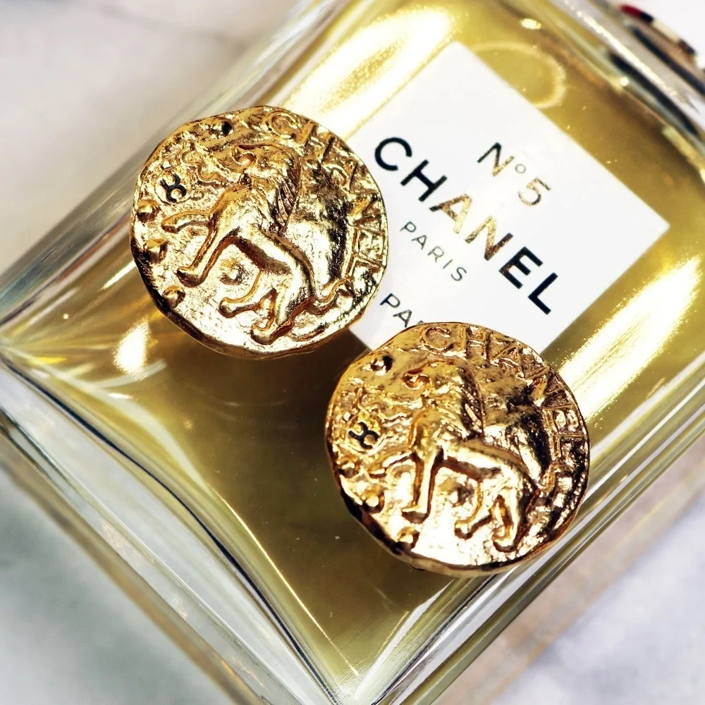 Chanel Lion Medallion Gold Plated Vintage Clip-on Earrings RARE! EUC ~ HOST PICK